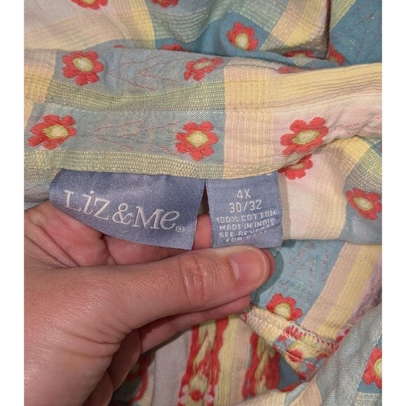 Liz & Me Button Down 4X Women's Plaid Floral Embroidered Short Sleeve Blouse - Picture 5 of 5